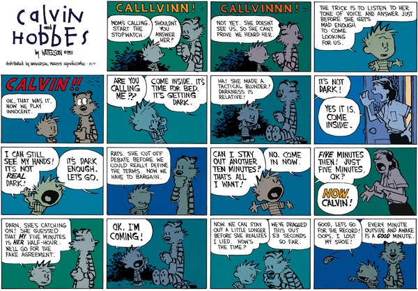 Calvin e a lei da vida: cada minuto fora de casa e acordado é um minuto que vale a pena!